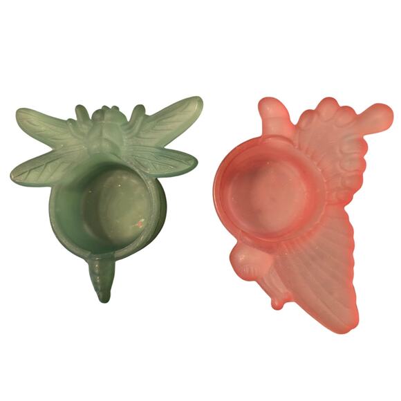 Set of 2 small Frosted Glass Votive Candle holder Green Dragonfly Pink Butterfly - Picture 1 of 6